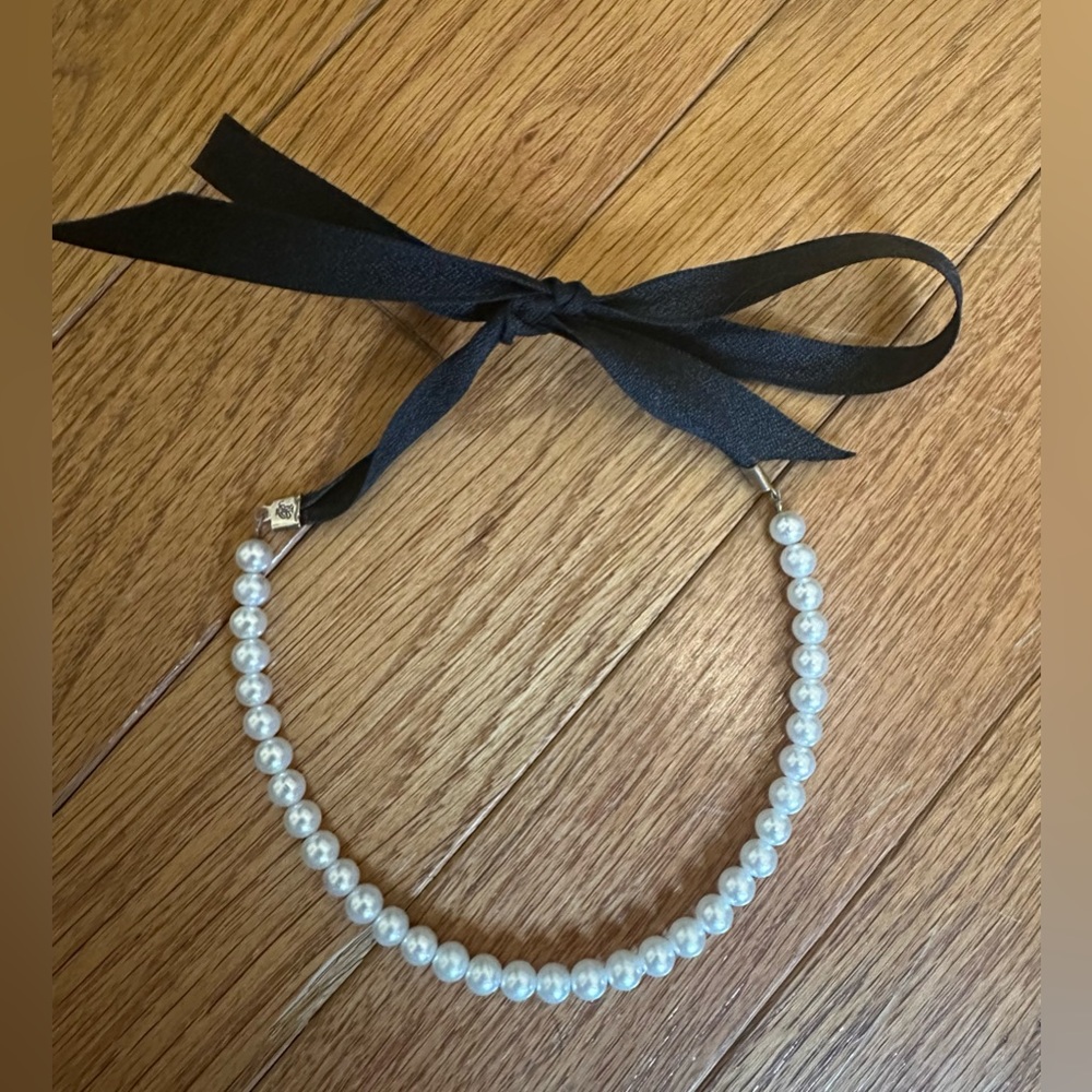Elegant Faux Designer Pearl Necklace with Black Ribbon Ribbon